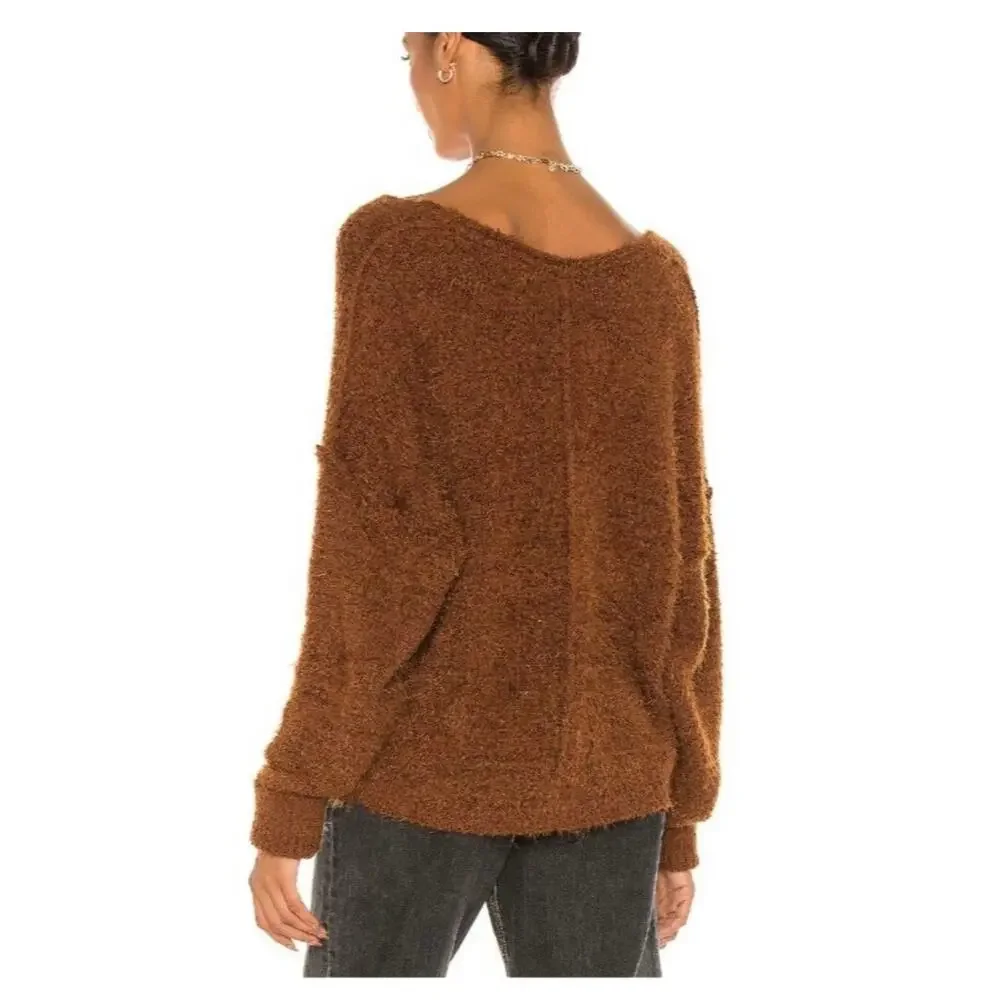 Free People Icing V-Neck Sweater Mocha Brown Size XS Fuzzy Oversized Soft